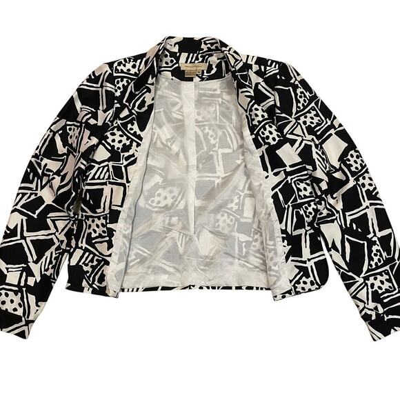 100% Silk Abstract Print Blazer Jacket M | Black White Art Statement Lined - Picture 3 of 8